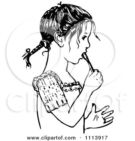 Clipart Vintage Black And White Girl Brushing Her Teeth - Royalty Free Vector Illustration by Prawny Vintage