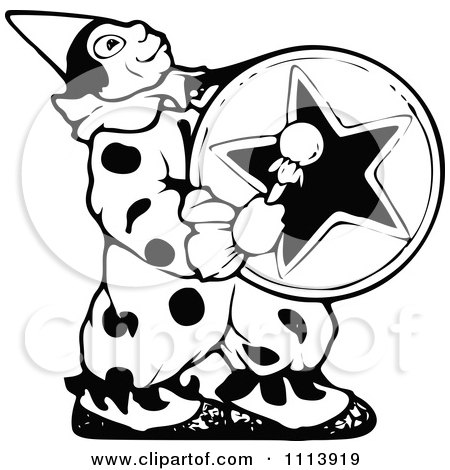 Clipart Vintage Black And White Circus Clown Drummer - Royalty Free Vector Illustration by Prawny Vintage