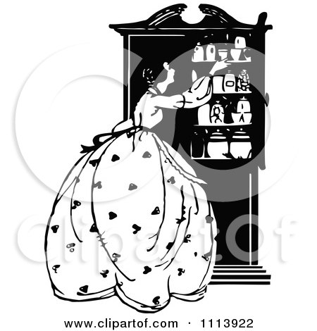 Clipart Vintage Black And White Woman At A Cupboard - Royalty Free Vector Illustration by Prawny Vintage