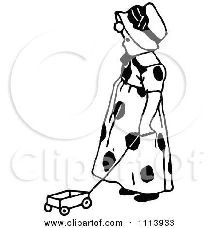 Clipart Vintage Black And White Girl Playing With A Toy Wagon - Royalty Free Vector Illustration by Prawny Vintage