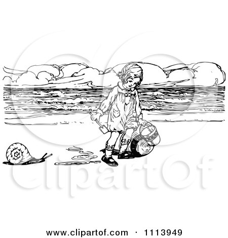 Clipart Vintage Black And White Girl With A Snail And Buckets On A Beach - Royalty Free Vector Illustration by Prawny Vintage