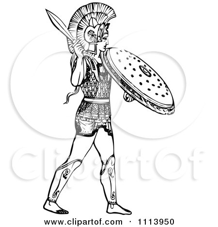 Clipart Vintage Black And White Ancient Warrior With A Helmet Sword And Shield - Royalty Free Vector Illustration by Prawny Vintage