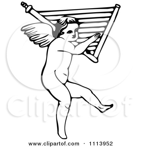 Clipart Vintage Black And White Cherub Carrying A Harp - Royalty Free Vector Illustration by Prawny Vintage