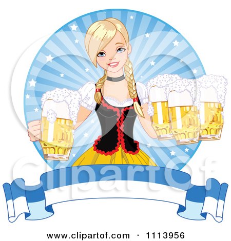 Clipart Beautiful Blond Oktoberfest Bar Maiden With Beer Over A Banner - Royalty Free Vector Illustration by Pushkin