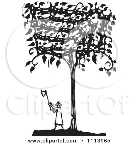 Clipart Girl Cutting Down A Tree Black And White Woodcut - Royalty Free Vector Illustration by xunantunich