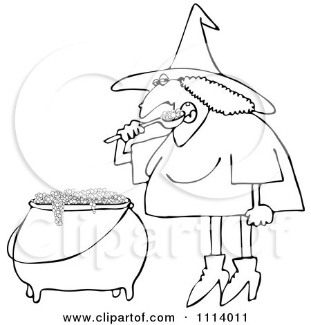 Clipart Outlined Halloween Witch Eating Over Her Cauldron - Royalty Free Vector Illustration by djart