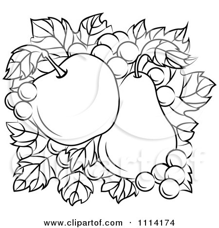 Clipart Black And White Apple And Pear On A Bed Of Grapes And Leaves - Royalty Free Vector Illustration by Vector Tradition SM