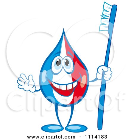 Clipart Happy Tri Colored Toothpaste Mascot Holding A Blue Brush - Royalty Free Vector Illustration by Vector Tradition SM