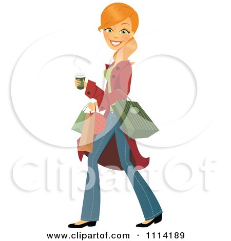 Clipart Happy Blond Woman Carrying A Coffee And Shopping Bags - Royalty Free Vector Illustration by Amanda Kate