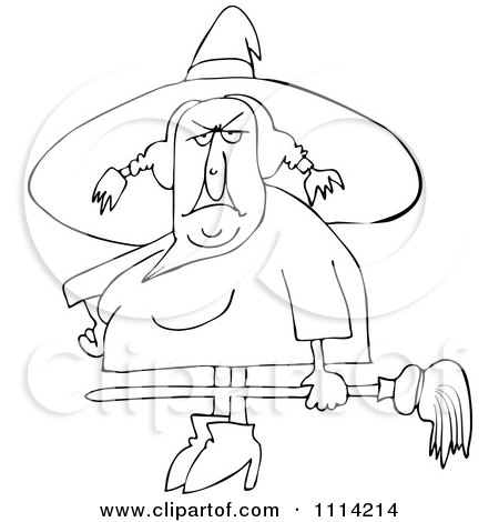 Clipart Outlined Ugly Witch Holding A Broom - Royalty Free Vector Illustration by djart