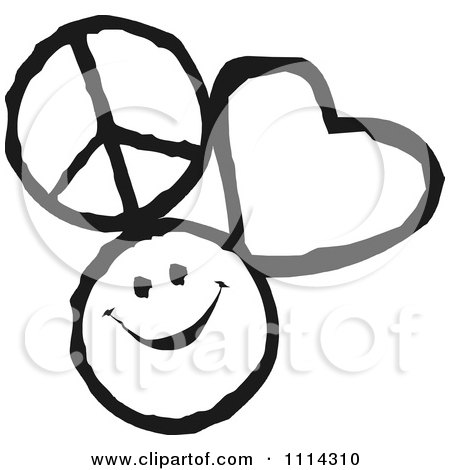 Clipart Peace Love And Happiness Icons In Black And White - Royalty Free Vector Illustration by Johnny Sajem