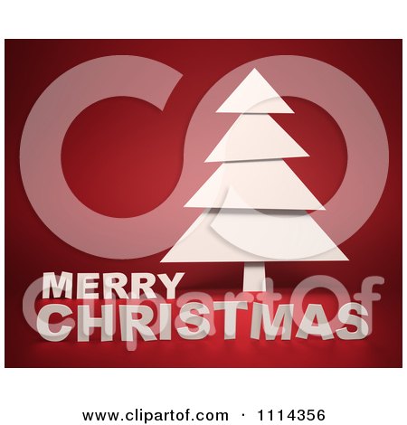 Clipart 3d White Tree With Merry Christmas Text On Red - Royalty Free CGI Illustration by Mopic