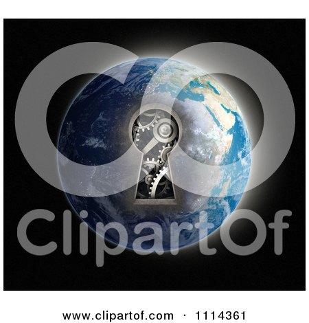 Clipart 3d Gear Cog Mechanism Through A Key Hole In Earth - Royalty Free CGI Illustration by Mopic