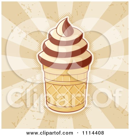 Clipart Ice Cream Cup With Vanilla And Chocolate Swirls Over Rays - Royalty Free Vector Illustration by Any Vector