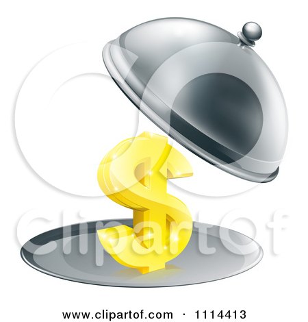 Clipart 3d Gold Dollar Symbol On A Silver Platter Under A Cloche - Royalty Free Vector Illustration by AtStockIllustration