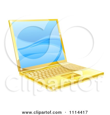 Clipart 3d Golden Laptop With Blue Waves On The Screen - Royalty Free Vector Illustration by AtStockIllustration
