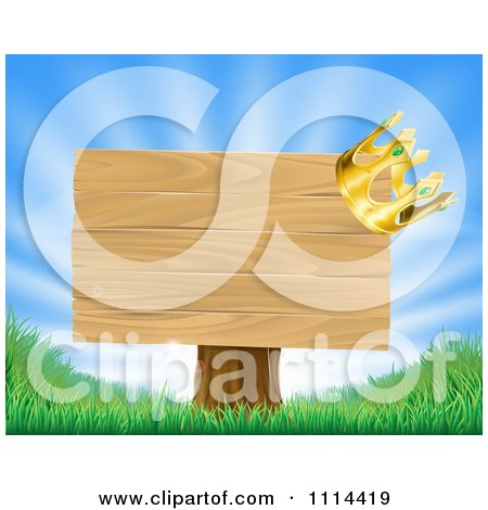 Clipart 3d Crown On A Wooden Sign With Rays And Grass - Royalty Free Vector Illustration by AtStockIllustration