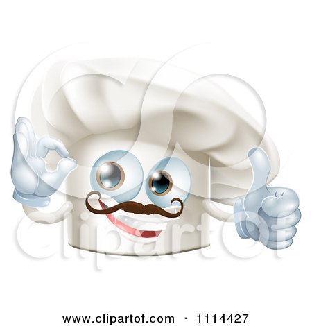 Clipart Happy Chef Hat Mascot With A Mustache Holding A Thumb Up And Gesturing Ok - Royalty Free Vector Illustration by AtStockIllustration