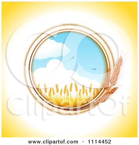 Clipart Round Wheat Frame With A Crop And Birds Against The Sky - Royalty Free Vector Illustration by elaineitalia