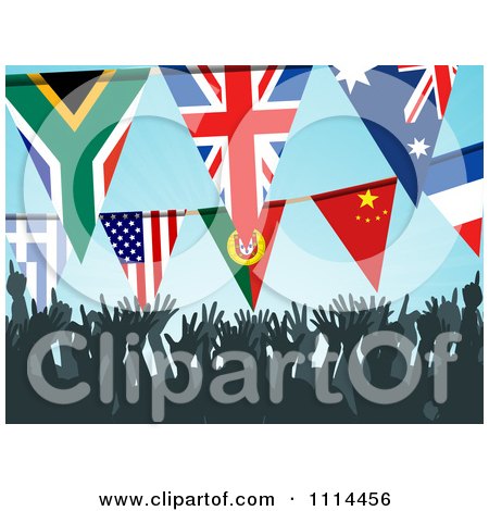 Clipart Silhouetted Crowd Cheering Under Bunting Flags - Royalty Free Vector Illustration by elaineitalia