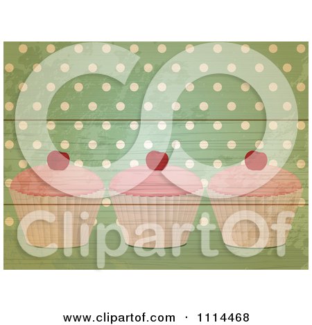 Clipart Retro Cupcakes Over Green Polka Dots On Wood - Royalty Free Vector Illustration by elaineitalia