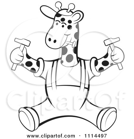 Clipart Outlined Handyman Giraffe Sitting With Tools - Royalty Free Vector Illustration by Lal Perera