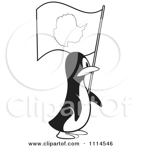 Clipart Black And White Penguin In Profile With An Antarctica Flag - Royalty Free Vector Illustration by Lal Perera