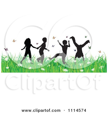 Clipart Carefree Silhouetted Children Playing In Grass And Butterflies - Royalty Free Vector Illustration by KJ Pargeter