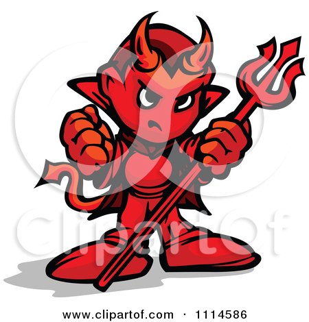 Clipart Tough Devil Holding Up A Fist And Trident - Royalty Free Vector Illustration by Chromaco