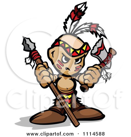 Clipart Tough Native American Brave Boy With A Spear And Axe - Royalty Free Vector Illustration by Chromaco