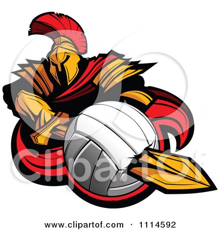 Clipart Spartan Warrior Mascot Stabbing A Volleyball With His Golden Sword - Royalty Free Vector Illustration by Chromaco