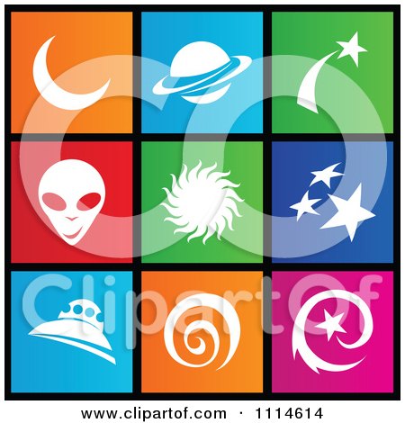 Clipart Set Of Colorful Square Alien And Outer Space Metro Style Icons - Royalty Free Vector Illustration by cidepix