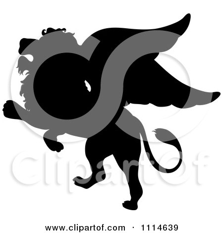 Clipart Black Silhouetted Winged Lion Rearing - Royalty Free Vector Illustration by Pams Clipart