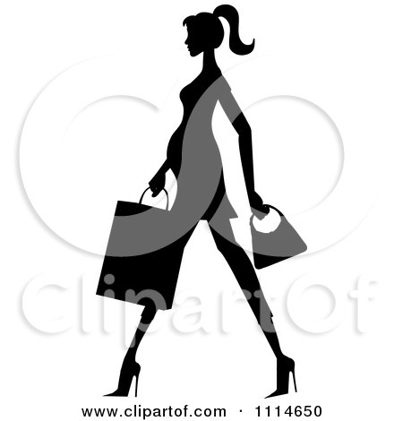 Clipart Slender Silhouetted Pregnant Woman Walking With A Shopping Bag And Purse - Royalty Free Vector Illustration by Pams Clipart