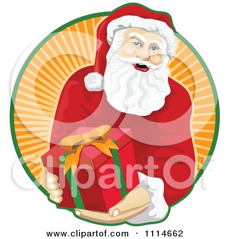 Clipart Santa Holding Out A Present Over A Circle Of Orange Rays - Royalty Free Vector Illustration by patrimonio