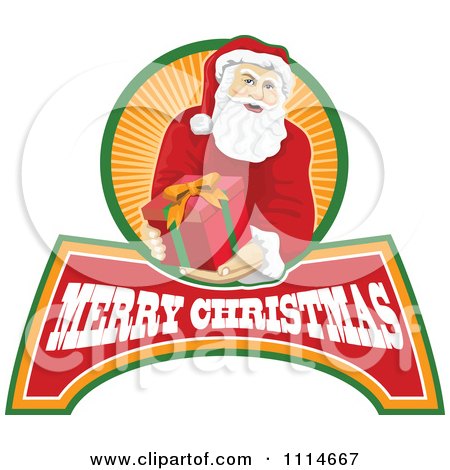 Clipart Santa Holding Out A Present Over Merry Christmas Text And Orange Rays - Royalty Free Vector Illustration by patrimonio