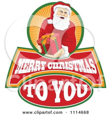Clipart Santa Holding Out A Present Over Merry Christmas To You Text And Orange Rays - Royalty Free Vector Illustration by patrimonio