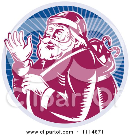 Clipart Retro Waving Santa In A Blue Ray Circle - Royalty Free Vector Illustration by patrimonio