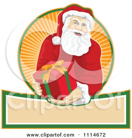 Clipart Santa Holding Out A Present Over A Banner And Circle Of Orange Rays - Royalty Free Vector Illustration by patrimonio