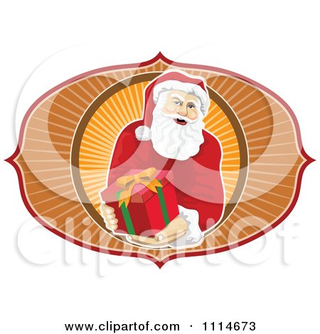 Clipart Santa Holding Out A Present Over Orange Rays - Royalty Free Vector Illustration by patrimonio