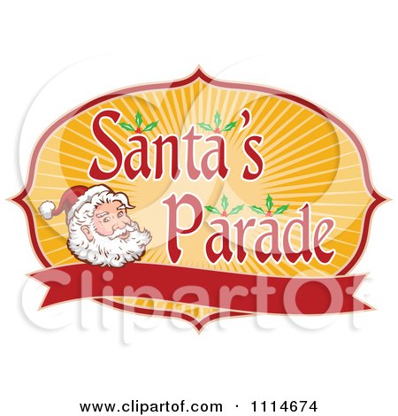 Clipart Santa Face With Rays And Santas Parade Text Above A Blank Banner - Royalty Free Vector Illustration by patrimonio