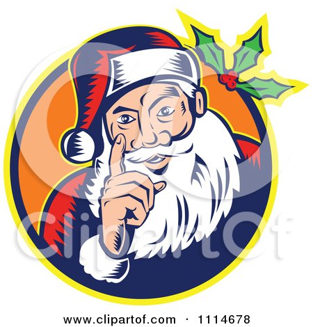 Clipart Retro Santa Holding Up A Finger In An Orange Circle With Holly - Royalty Free Vector Illustration by patrimonio
