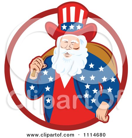 Clipart Patriotic American Or Uncle Sam Santa With A Bag In A Red Ring - Royalty Free Vector Illustration by patrimonio