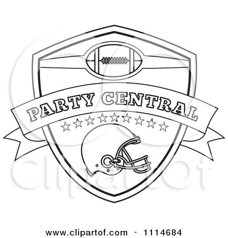 Clipart Outlined American Football Sports Helmet And Shield With Party Central Text - Royalty Free Vector Illustration by patrimonio