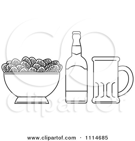 Clipart Outlined Bowl Of Potato Chips With A Beer Bottle And Mug - Royalty Free Vector Illustration by patrimonio
