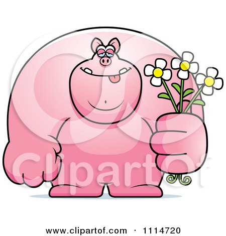 Clipart Buff Pig Holding Flowers - Royalty Free Vector Illustration by Cory Thoman