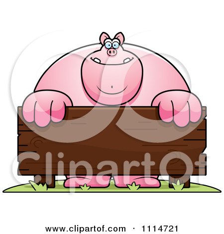 Clipart Buff Pig Behind A Wooden Sign - Royalty Free Vector Illustration by Cory Thoman