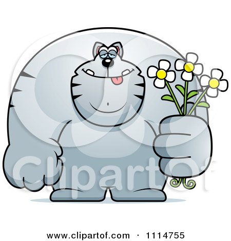Clipart Buff Gray Cat Holding Flowers - Royalty Free Vector Illustration by Cory Thoman