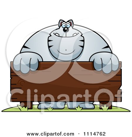 Clipart Buff Gray Cat Behind A Wooden Sign - Royalty Free Vector Illustration by Cory Thoman