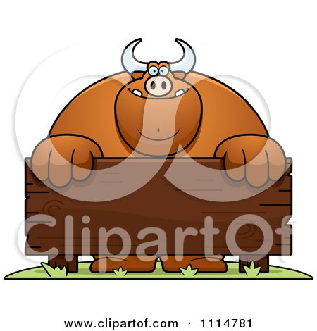 Clipart Buff Bull Behind A Wooden Sign - Royalty Free Vector Illustration by Cory Thoman